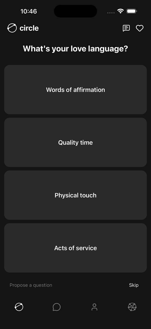 Circle app question interface showing love language options