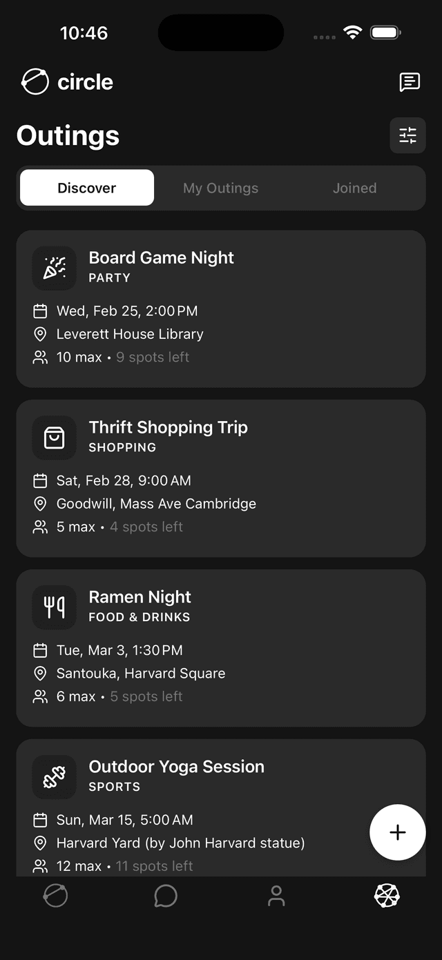 Circle app outings list