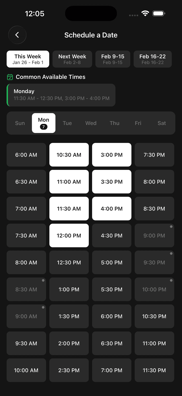 Circle app date scheduling interface with time slots