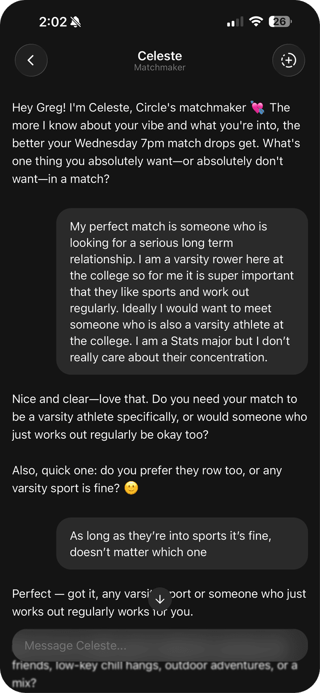 Circle app Celeste AI matchmaker chat interface